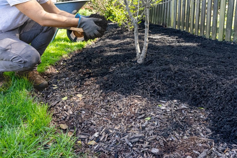 Spreading mulch in garden bed