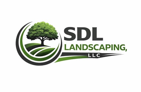 SDL Landscaping LLC logo featuring a tree with green curved lines representing landscaping
