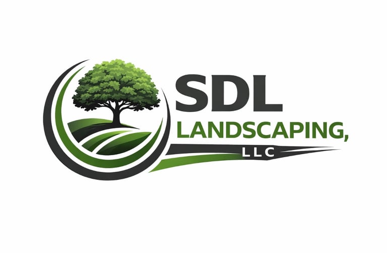 SDL Landscaping LLC logo featuring a tree with green curved lines representing landscaping