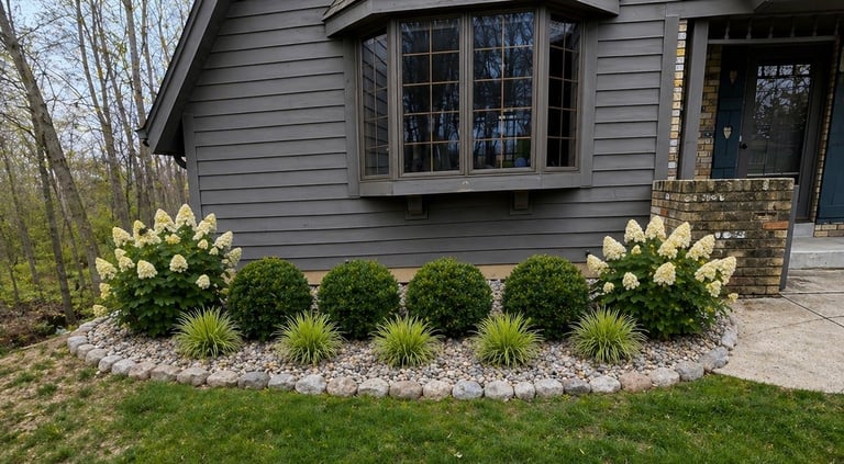 Modern home exterior with landscaped foundation bed featuring white flowering shrubs, green bushes, ornamental grasses, and white river rocks